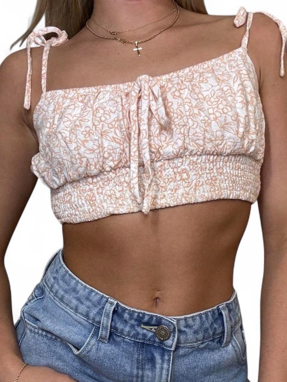 Lelis Peach Floral Smocked Tie Strap Crop Top, Size L, NWOTs.